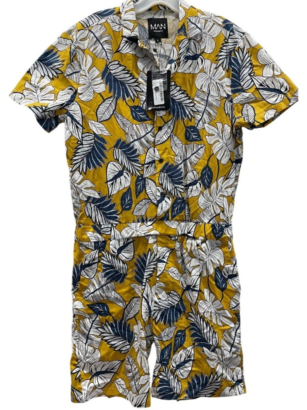 Boohoo Man Floral Short Boiler Romper sz L Yellow Resort Vacation Revere Collar